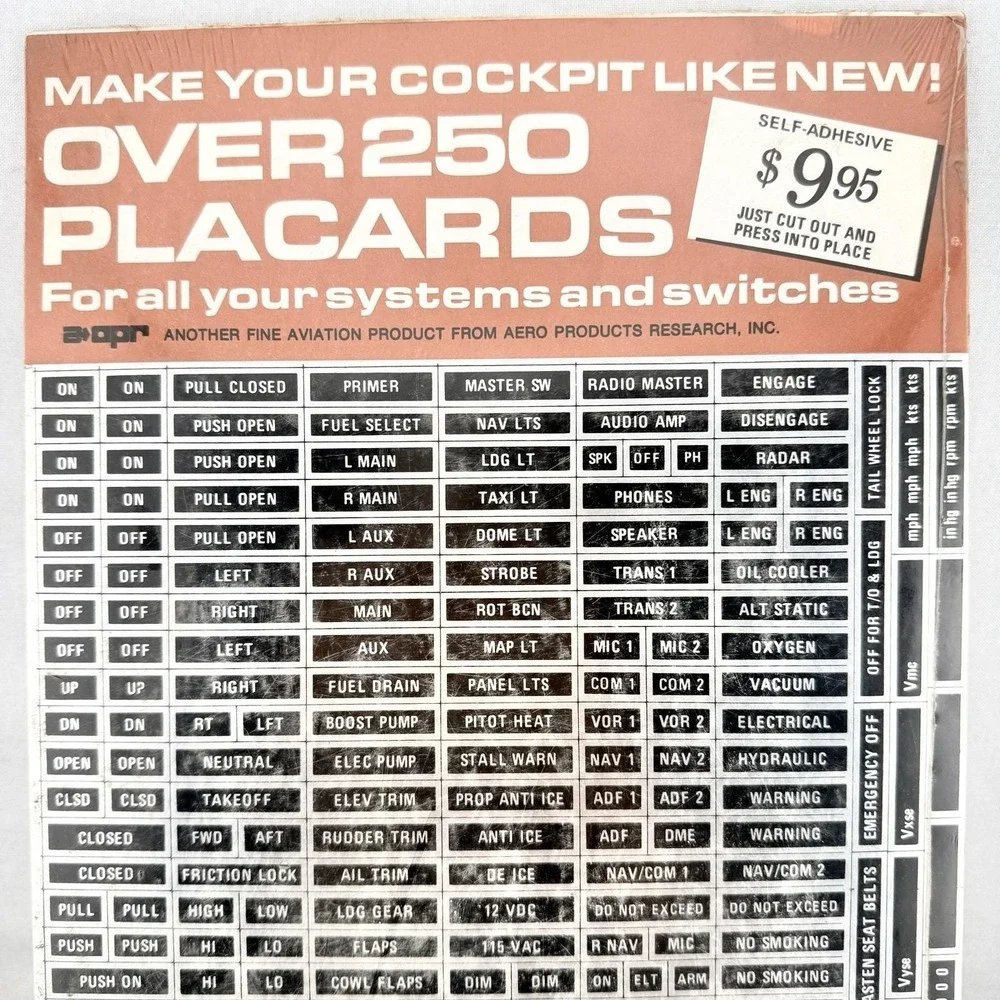 Vintage APR Aircraft Cockpit Placards 250+ Adhesive Labels Original Aviation NOS